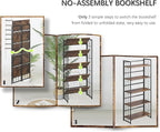 4NM No Assembly 5 Tiers Folding Bookshelf, 59.4" H Foldable Storage Shelves Vintage Bookcase Standing Racks Study Organizer Home Office - Rustic Brown Black