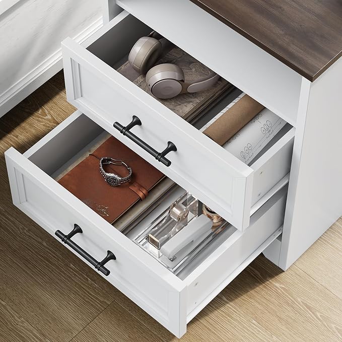 Nightstand with Charging Station, Farmhouse End Table with 2 Drawers Storage and Open Shelf, Wood Cabinet with Unique Base Design, Bedside Table for Bedroom, Living Room, White