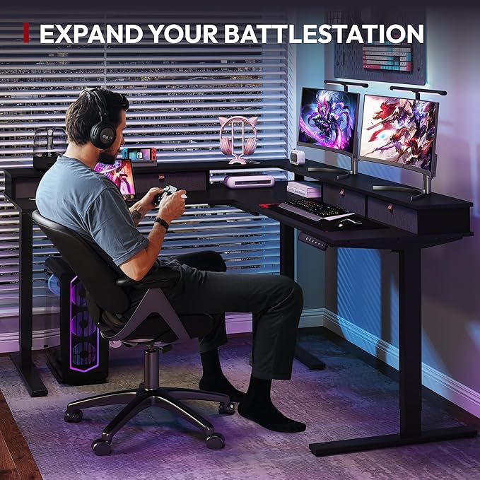 SANODESK 63" L Shaped Standing Desk with 3 Drawers, Height Adjustable Stand up Desk, Corner Gaming Desk with Monitor Stand, Black Frame/Black Top