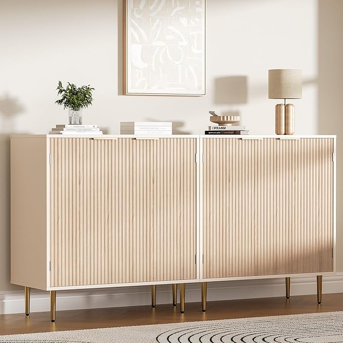 Buffet Sideboard Cabinet with 2 Doors, Kitchen Cabinet with Golden Handles & Legs, Modern Accent Storage Cabinet with Adjustable Shelf, Coffee Bar for Kitchen, Living Room, Oak