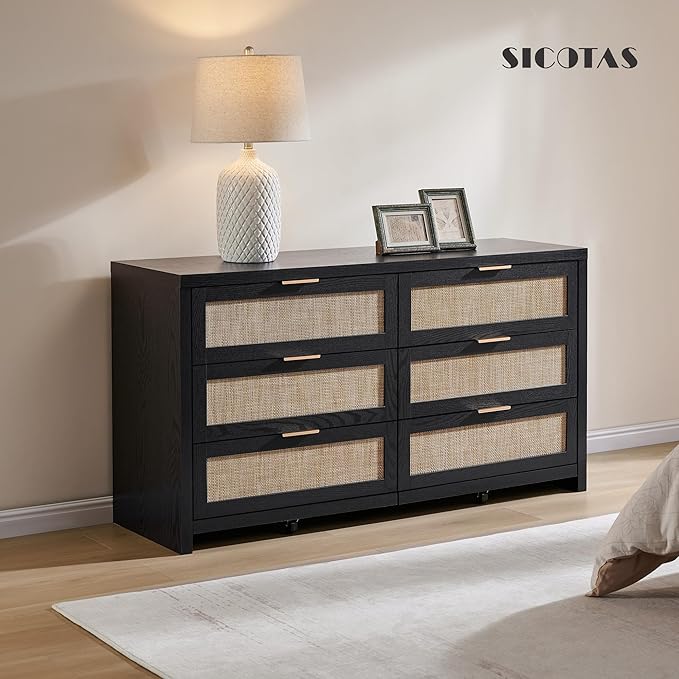 SICOTAS Rattan Dresser for Bedroom, 56.9" Wide 6 Drawer Dresser with Ample Storage, Wooden Dressers Large Chest of Drawers, Closet, Boho TV Stand for Bedroom (Black Oak, 2 Pieces)