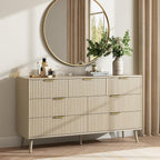 CARPETNAL Fluted 7 Drawer Dresser for Bedroom, 55" Wide Wooden Chest of Drawers with Rounded Corners, Gold Handles, Modern Storage Organizer for Bedroom, Hallway(Beige)