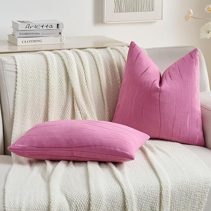FUTEI Hot Pink Chenille Decorative Throw Pillow Covers 16x16 Inch Set of 2,Soft Embossed Striped Textured Cushion Case,Modern Home Decor for Couch Bed Living Room
