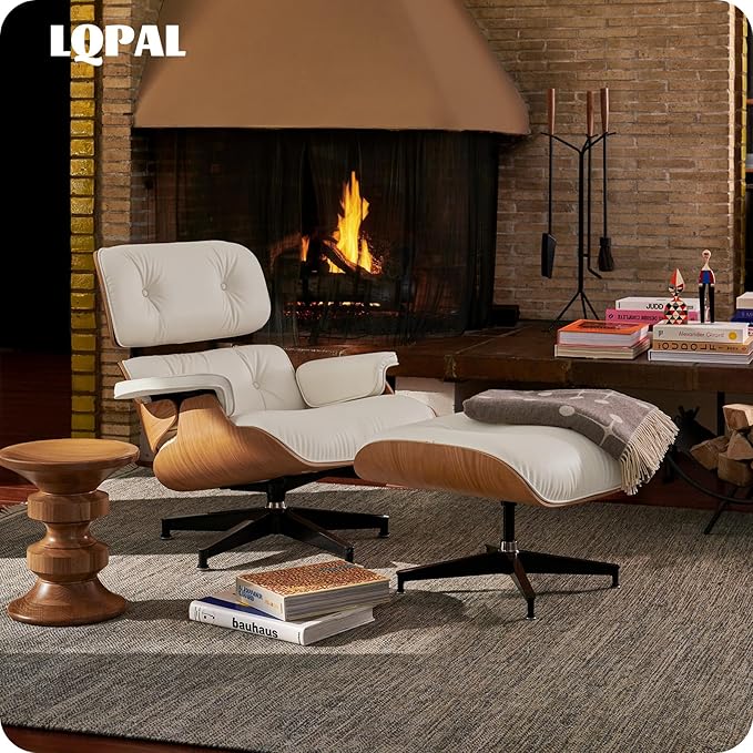Top White Grain Leather, Mid Century Chaise Lounge Chair and Ottoman, Modern Chair Classic Design, Walnut Wood, Heavy Duty Base Support for Living Room Office