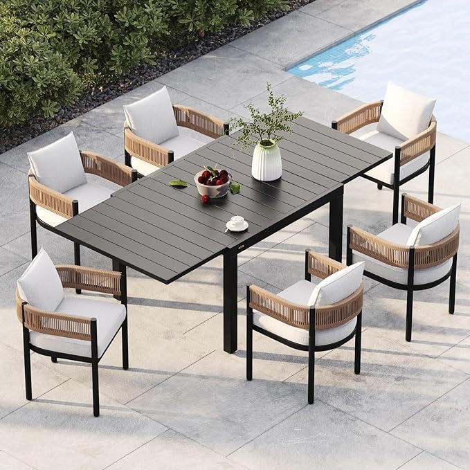 Grand patio 7-Piece Outdoor Dining Set for 6 with 1 Rectangle Expandable Table for 4-6 Person, Metal Woven Wicker Fixed Patio Chairs with Thickened Cushions for Yard, Poolside, Deck (Natural)