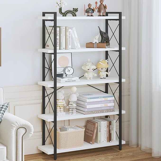 HCHQHS Bookshelf, 5-Tier Industrial Bookcase, Open Book Shelf, Freestanding Tall Bookshelves with Metal Frame