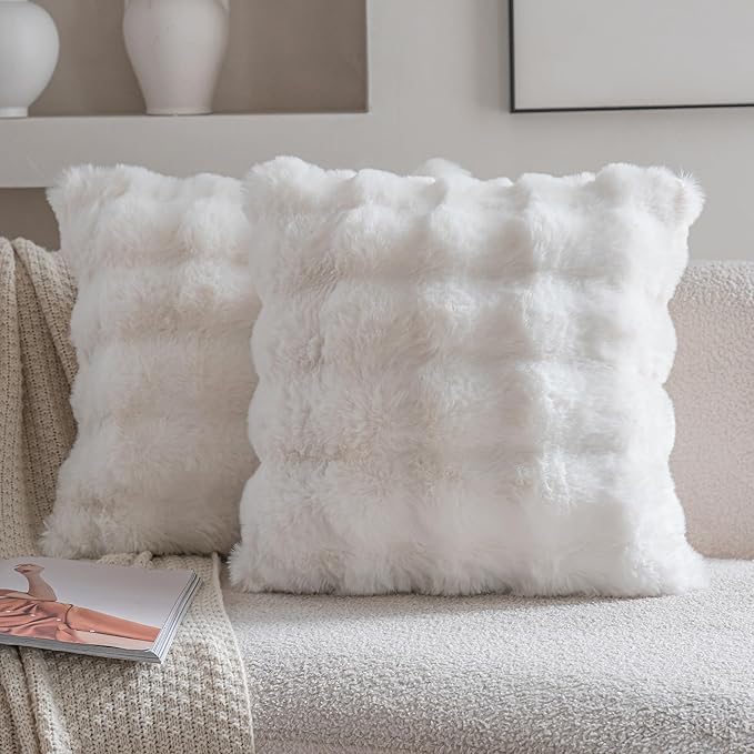 Neelvin Cream White Faux Fur Cozy Soft Double-Sided Decorative Throw Pillow Covers 20x20 inch Set of 2,Velvet Pillowcase Cushion Case for Sofa Couch