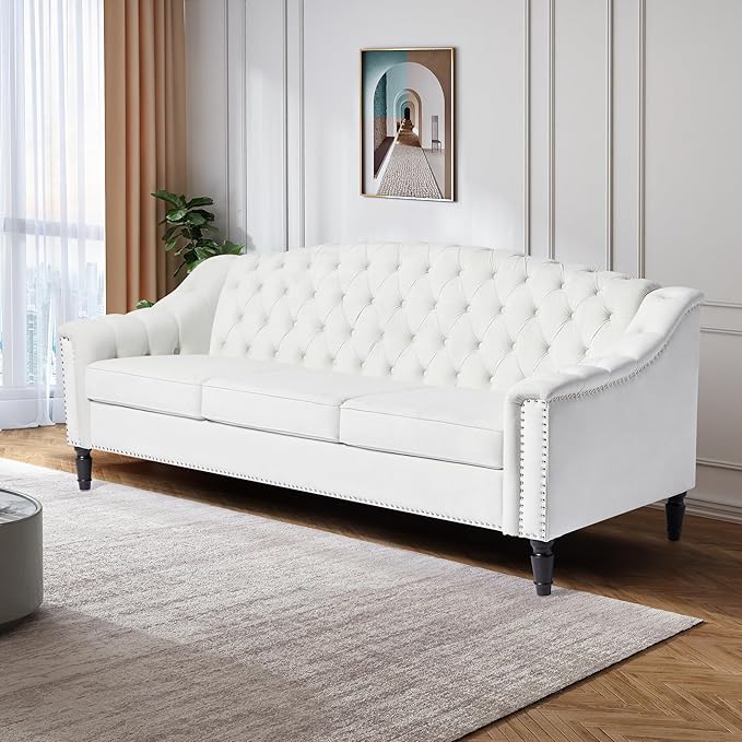 LEVNARY Mid-Century Modern Velvet Sofa, 80" Large Upholstered Sofa with High Back, Chesterfield Couch Sleeper Settee with Solid Wood Legs, Tufted 3 Seater Wide Couches for Living Room Office (White)