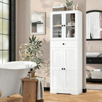 Tall Bathroom Storage Cabinet with Glass Doors, 67" Tall Freestanding Linen Cabinet with Adjustable Shelves, Floor Standing Organizer for Bathroom, Living Room, Kitchen, (White)