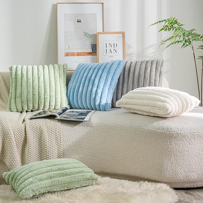 DEELAND Pack of 2,Double-Sided Faux Fur Plush Decorative Throw Pillow Covers Fuzzy Striped Soft Pillowcase Cushion Covers for Sofa Couch Bedroom Lightblue 24x24 inch