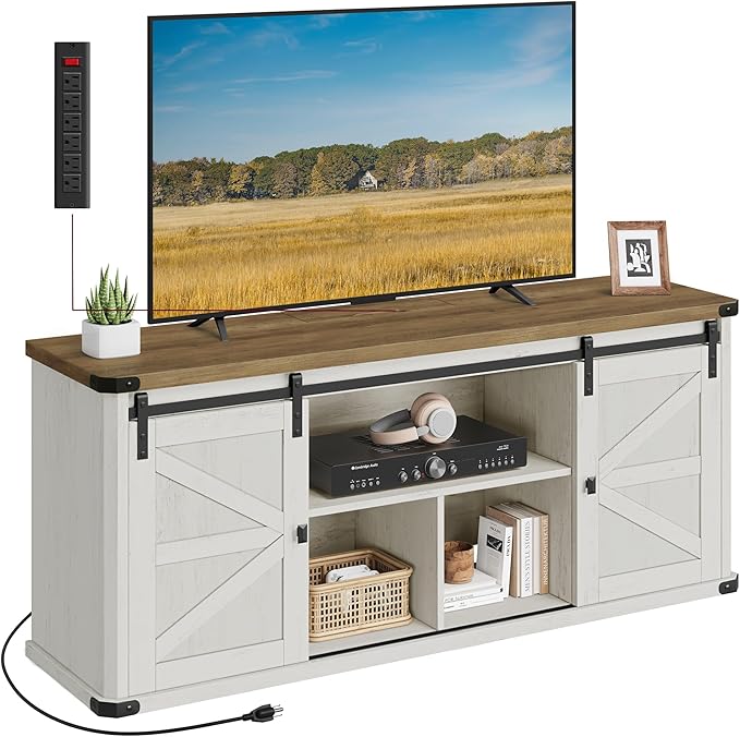 VASAGLE TV Stand for TVs up to 65 Inches, Farmhouse Entertainment Center with Sliding Barn Doors, TV Console Table for Living Room, Rustic White and Honey Brown ULTV324W73