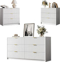 3-Piece Dresser Bedroom Set, 6 Drawer Dresser & 3 Drawer Nightstands with Gold Handles, Fluted Wood Chest of Drawers for Bedroom, Living Room, Entryway, White