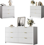 3-Piece Dresser Bedroom Set, 6 Drawer Dresser & 3 Drawer Nightstands with Gold Handles, Fluted Wood Chest of Drawers for Bedroom, Living Room, Entryway, White