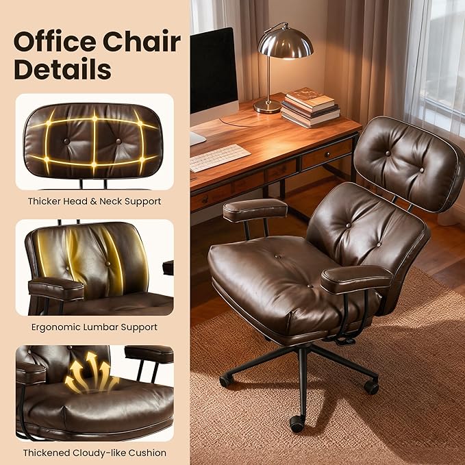 Home Office Desk Chair, Mid-Century Modern Office Chair with Adjustable Lumbar Support, Thickened Cushion Executive Desk Chair with 360 Rolling Swivel for Meeting Game Study Room(Coffee)