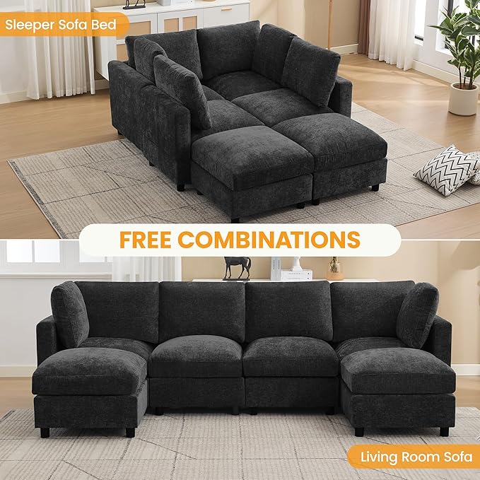 4-Seater Modular Sectional Cloud Sofa with 2 Ottomans, U-Shaped Couch for Living Room, Modern Deep Seat Sofa with Soft Back Cushions, Chenille Dark Grey