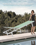 Pool Lounge Chairs Set of 2，Outdoor Lounge Chairs with Wheels and 5-Position Recliner -Easy to Move- Aluminum Patio Lounge Chair for Poolside, Deck (LightGreen)