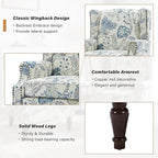 Floral Wingback Accent Chair, High Back Upholstered Armchair, Comfy Fabric Wingback Arms Chairs with Retro Solid Wood Legs, Single Sofa Reading Chair for Bedroom Living Room, Plants Blue