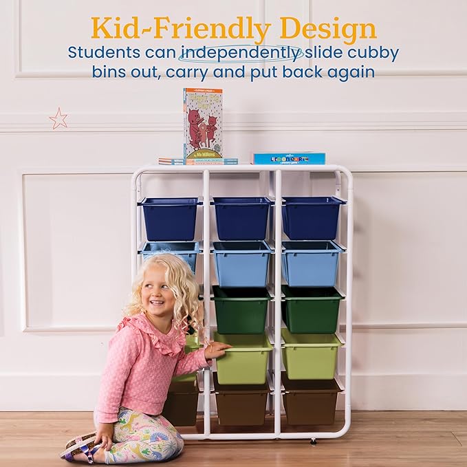 ECR4Kids 5-Tier Storage Rack with 15 Cubby Bins 5x3, Multipurpose Organization, Earthtone