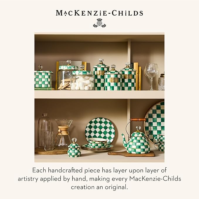 MACKENZIE-CHILDS Small Kitchen Canister, Decorative Glass Storage Jar with Lid, Green-and-White Emerald Check