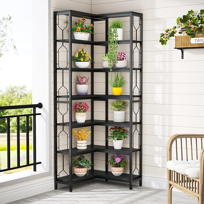 Tribesigns Corner Shelf, 7-Tier Industrial Corner Bookshelf, Wood and Metal Corner Etagere Bookcase, Freestanding Display Shelf for Living Room, Kitchen, Home Office, Black