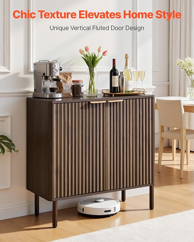 VEVOR Fluted Cabinet, Buffet Cabinet with 2-Tier Storage, Coffee Bar Cabinet with Adjustable Shelves, Sideboard Buffet for Hallway, Entryway, Living Room, or Kitchen, Walnut