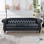 Home Sofa Living Room Furniture, 3 Seater Leather Upholstered Sofa Couch, Modern Comfy Couch with Faux Leather Cushions, Mid Century Tufted Chesterfield Sofas for Bedroom, Office, Apartment (Black)