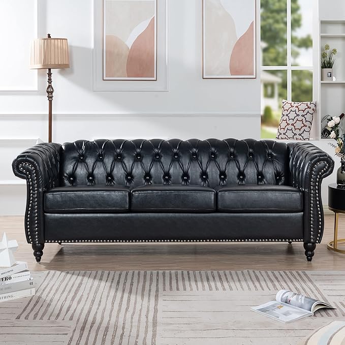 Home Sofa Living Room Furniture, 3 Seater Leather Upholstered Sofa Couch, Modern Comfy Couch with Faux Leather Cushions, Mid Century Tufted Chesterfield Sofas for Bedroom, Office, Apartment (Black)