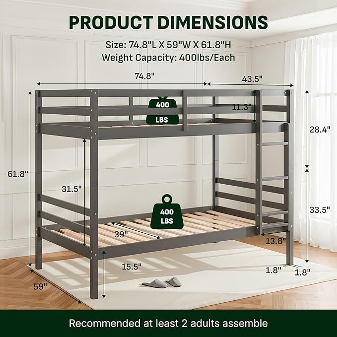 Softa Full Over Full Bunk Bed with Thick Posts,Wooden Bunk Bed with High Guardrail and Ladder for Kids, Teens, Dorm Rooms, and Guest Rooms,No Box Spring Needed, Grey