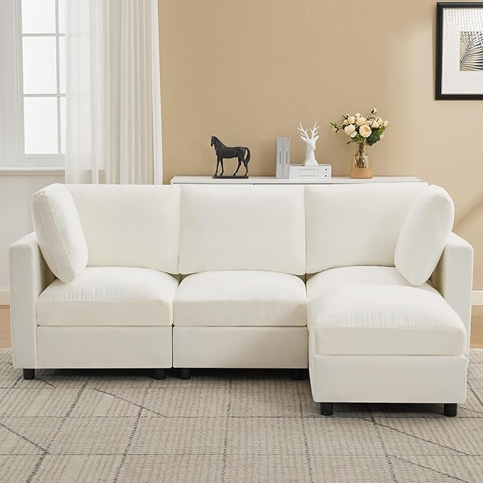 3-Seater Modular Sectional Cloud Sofa with Ottoman, L-Shaped Couch for Living Room, Modern Convertible Deep Seats Sofa, Chenille Beige