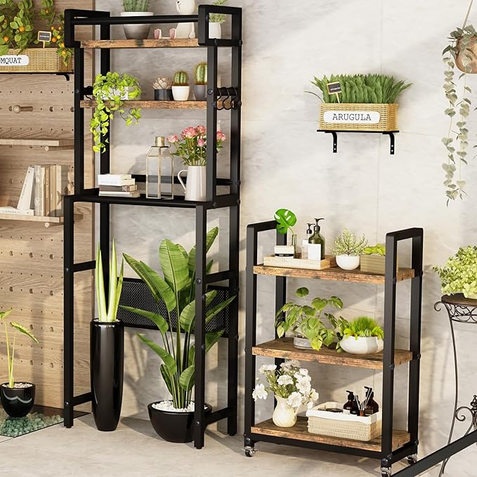 Recaceik 6-Tier Over The Toilet Storage Shelf with Cart, Freestanding Above Toilet Shelf Rack, Farmhouse Bathroom Organizer Shelves, Space Saver (Brown)