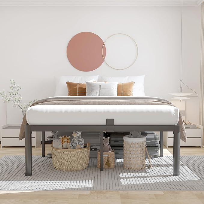 ROIL 14 inch Full Size Bed Frame with Headboard Hole and Round Corner Legs Mattress Retainers 3500LBS Heavy Duty Steel Slats No Box Spring Needed Platform Noise-Free Underneath Storage