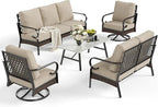 5 Piece Metal Outdoor Patio Furniture Set, Patio Conversation Sets 3-Seater Sofa, 2-Seater Sofa, 2 Swivel Chair with 5.75" Thick Cushion & Coffee Table Black Backyard Furniture, Beige