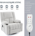 Swivel Rocker Chair with Heat and Massage, 270° Power Recliner Chairs for Adults, USB and Type-C Ports, Oversized Recliner Single Sofa, Electric Glider Chair(LightGrey)
