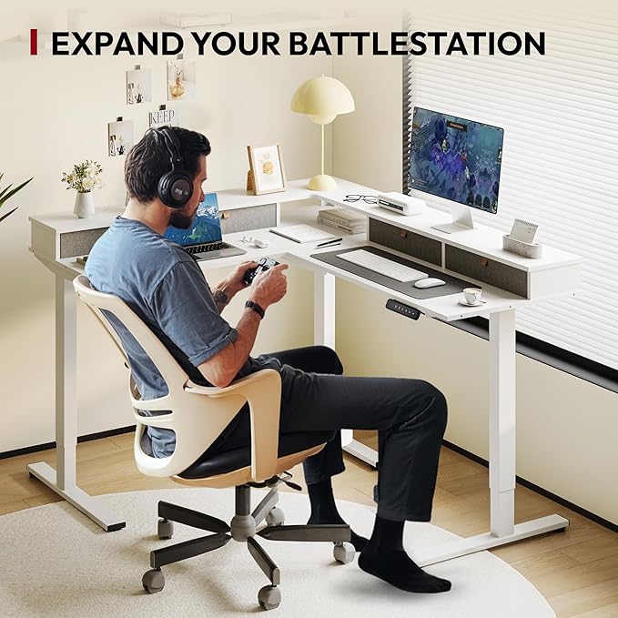 SANODESK 71" L Shaped Standing Desk with 4 Drawers, Height Adjustable Stand up Desk, Corner Gaming Desk with Monitor Stand, White Frame/White Top