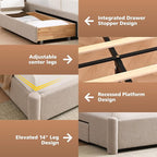 VELOCAVA Queen Size Upholstered Bed Frame with 51.77" Tall Headboard and Soft Rounded Corners, Side Storage Drawers, 12-Slat Support, No Box Spring Needed, Linen-Blend Fabric, Beige