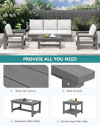 SERWALL HDPE Patio Furniture Set, 7-Piece Outdoor Sectional Sofa Set, All Weather Outdoor Couch Set for Deck, Lawn, Grey Frame with Khaki Cushion