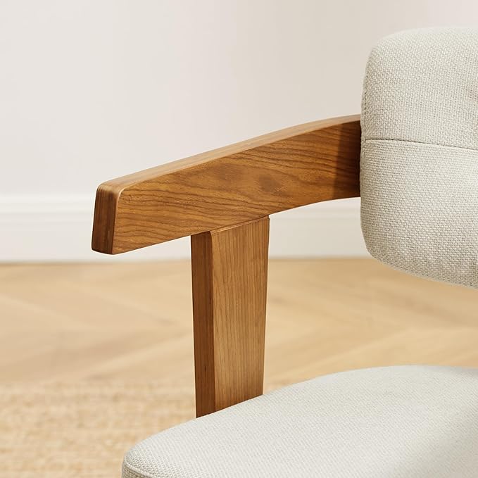 Art Leon Office Chair No Wheels - Mid Century Modern Desk Chair, Fabric Upholstered Accent Arm Chair with Wood Legs for Small Spaces Home Office Living Room Bedroom Study, Off White/Walnut