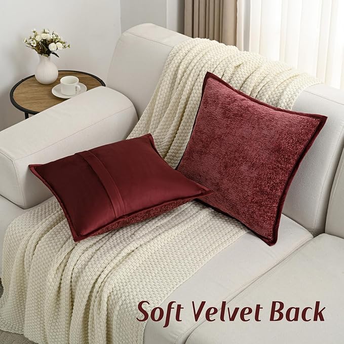 FUTEI Burgundy Chenille Throw Pillow Covers 20x20 Inch Set of 2,Soft Cozy Bound Edge Design Cushion Case,Home Decor for Couch Bed Living Room