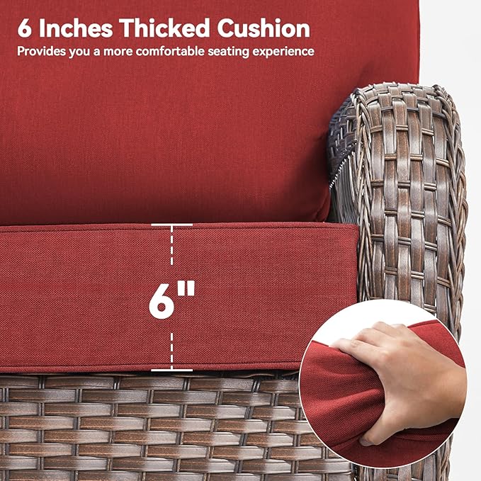 Luxury 6" Outdoor Cushions for Patio Furniture, 24x24x6" Thick Seat Cushion Set of 5, Fade Resistant Couch Chair Replacement Cushions High Density Deep Wicker Chair Cushion w/ Removable Cover, Red