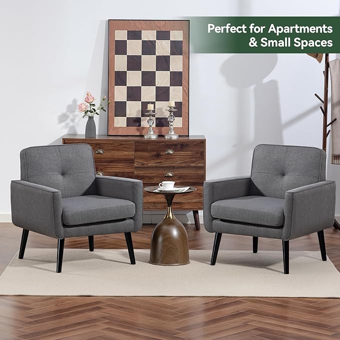 Mid Century Accent Chair, Fabric Modern Chair with Wooden Frame, Cozy Armchair Reading Chair with Comfy Back for Apartment, Living Room, Bedroom, Waiting Room, Small Space, Corner, Grey