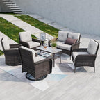 COOS BAY Vintage Courtyard Patio Furniture Set, Wicker Outdoor Furniture, Patio Conversation Sets, 2 Chairs, 2 Swivel Rockers, Loveseat, Coffee Table and Side Table, 7 Pieces, Gray/Beige