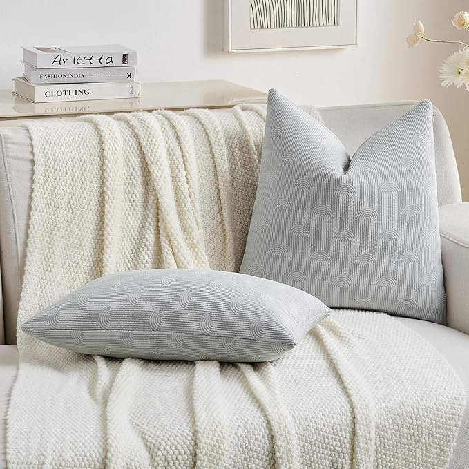FUTEI Light Grey Chenille Decorative Throw Pillow Covers 18x18 Inch Set of 2,Soft Cozy Striped Geometric Patterns Cushion Case,Modern Home Decor for Couch Bed Living Room