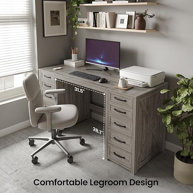WOPITUES 60" Farmhouse Home Office Desk with 10 Wooden Drawers, Rustic Computer Writing Desk with Power Outlets, Large Executive Desk with Storage Cabinet for Work Study Writing Craft, Wood Grain Gray