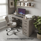 WOPITUES 60" Farmhouse Home Office Desk with 10 Wooden Drawers, Rustic Computer Writing Desk with Power Outlets, Large Executive Desk with Storage Cabinet for Work Study Writing Craft, Wood Grain Gray