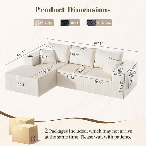 107" Cloud Sectional Couch, Modular Sectional Sofa with L-Shape Chaise, Corduroy Boneless Couch with Deep Seat, Upholstered Sofa for Living Room, No Assembly Required(Left-Facing Chaise, White)