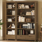 TVU 5-Tier Solid Wood Bookshelf with Drawers, 72-inch Tall Standing Bookcase, 17.7" Wide Open Display Shelf for Living Room, Study, Office Storage, Deep Wood Color