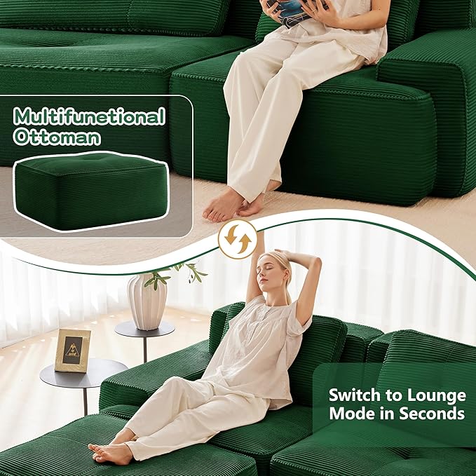115.3” Green Boneless Couches for Living Room, Modular Sectional Sofa with L-Shape Chaise, 3 Seater Comfy Upholstered Deep Seat Corduroy Fabric Cloud Couch No Assembly, Anti-Slip Design