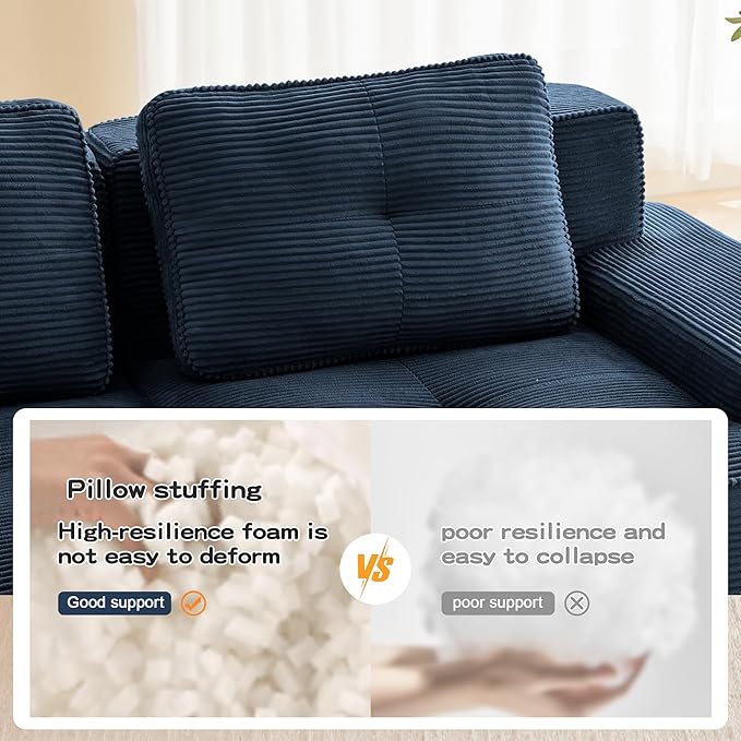 150.4” Blue Boneless Couches for Living Room, Modular Sectional Sofa with U-Shape Chaise, 4 Seater Comfy Upholstered Deep Seat Corduroy Fabric Cloud Couch No Assembly, Anti-Slip Design