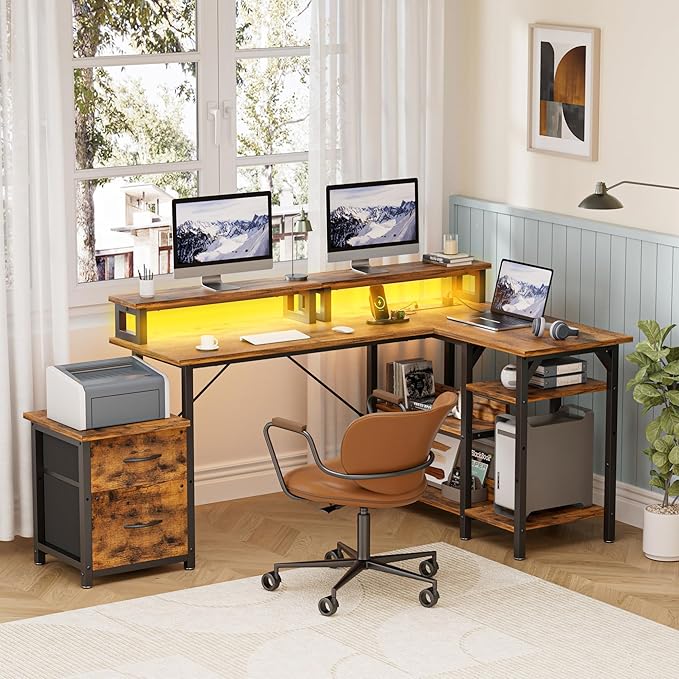 Office Desk L Shape with File Drawers&Power Outlet,YOUNGAR 69.3 Inch Reversible L Shaped Computer Desks,Corner L Shape or Long Desk Set up Monitor Stand &Storage Shelves, LED Lights &CPU Stand,Vintage