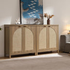 SICOTAS 102" W Rattan Sideboard Buffet Cabinet with Storage Set of 3, Mid Century Modern Credenza with Arch Doors & Shelves Farmhouse Coffee Bar Media Console Cabinets for Living Room, Entryway